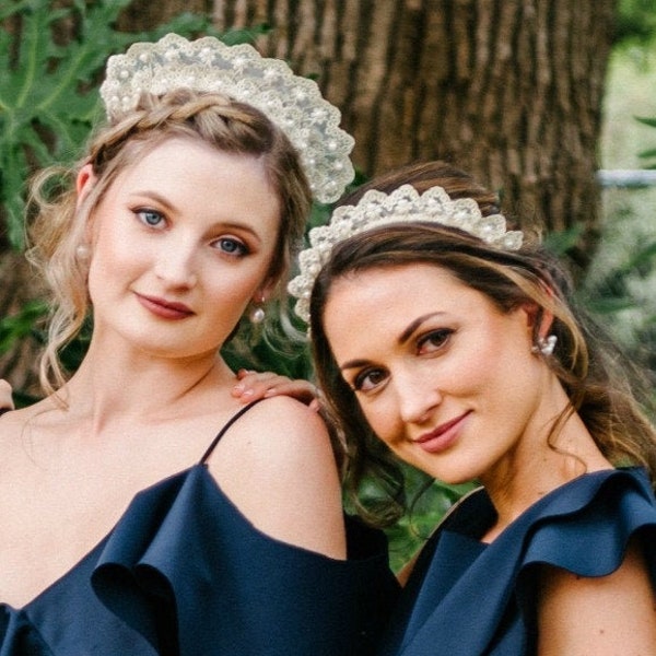 Braut Spitze Stirnband Boho Spitze Krone Schleier Alternative Brautjungfer Braut Stirnband Hochzeit Perle Stirnband Spitze Kopfschmuck Spitzen - Breit