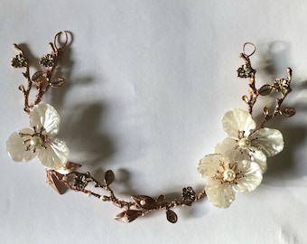 RESERVED for KAS - Rose Gold Bridal Hair Vine Weddings Bridal Headpiece Wedding Headpiece Pearl Hair Vine Leaf Vine Mother of Pearl Flower