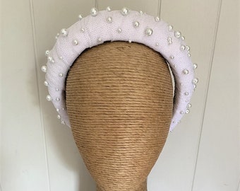 Witte hoofdband, witte tule hoofdband, witte parel gewatteerde hoofdband, witte bruids hoofdband, witte bruiloft hoofdband, witte getextureerde hoofdband