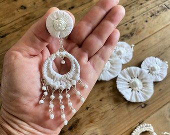 Handmade White Raffia Chandelier Earrings Bridal Earrings Wedding Earrings Boho Bride Earrings Boho Statement Earrings Beach Wedding - C2