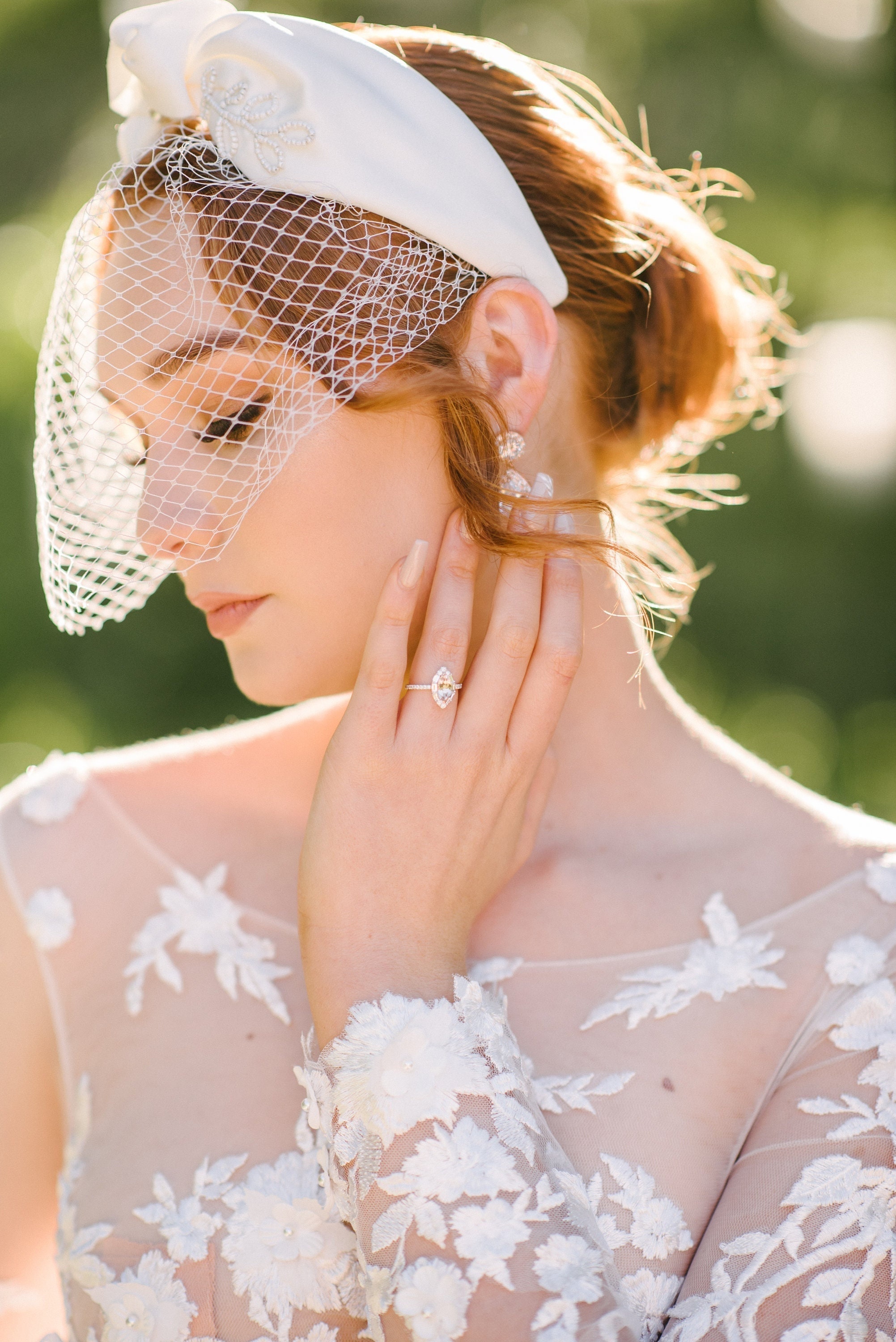 Ivory Bridal Headband With Veil, Ivory Wedding Birdcage Veil