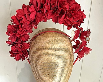 Red Floral Halo Fascinator with Butterflies, Melbourne Cup Derby Ascot Headband