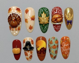 Handmade Thanksgiving 3D Press On Nails with Turkey, Pumpkin, Corn & Autumn Leaves, Long Almond Luxury Nail Art Set for Fall Party