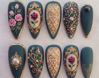 Handmade Vintage Rose Press On Nails | Victorian Gold Frame & Emerald Pearl Art | Luxury Teal Almond Nails