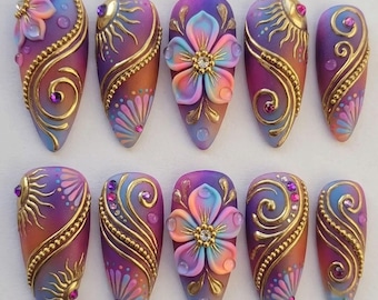 Handmade Sunset Fantasy Press On Nails | Luxury 3D Rainbow Flower & Gold Filigree Art | Dreamy Pastel Aura Set