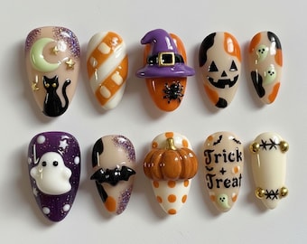 Spooky Fun Halloween Press On Nails | Black Cat, Candy Stripes & Pumpkin 3D Design | Handmade Long Almond Nail Set for Trick or Treat Look
