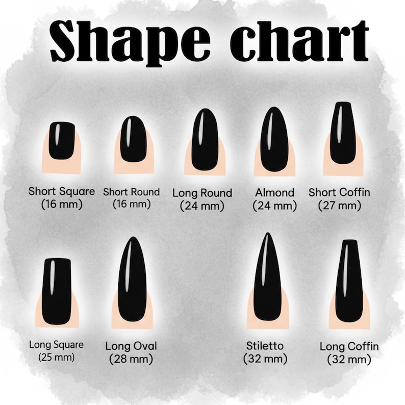 May include: A nail shape chart with eight different nail styles, including Short Square, Short Round, Long Round, Almond, Short Coffin, Long Square, Long Oval, Stiletto, and Long Coffin. Each nail is painted black and displayed on a light skin tone. The chart includes measurements in millimeters.