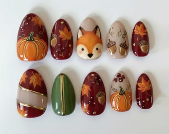 Handmade Thanksgiving Press On Nails | Fox, Pumpkin, Acorn & Golden Leaf Accents | Burgundy Green Acrylic Nails For Fall Look