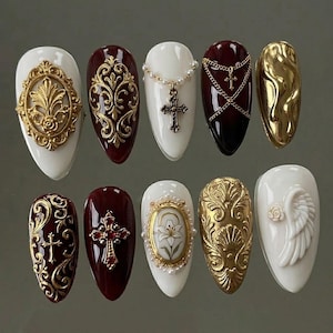 Presse aiguille gothique artistique 3D faite à la main sur les ongles, croix rouge foncé faux ongles Art d'ongle de luxe baroque complexe