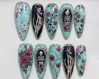 Gothic Halloween Press On Nails | Skeleton Hand, Ghost & Rose Coffin Art | Turquoise Floral Dark Romance Nail Set
