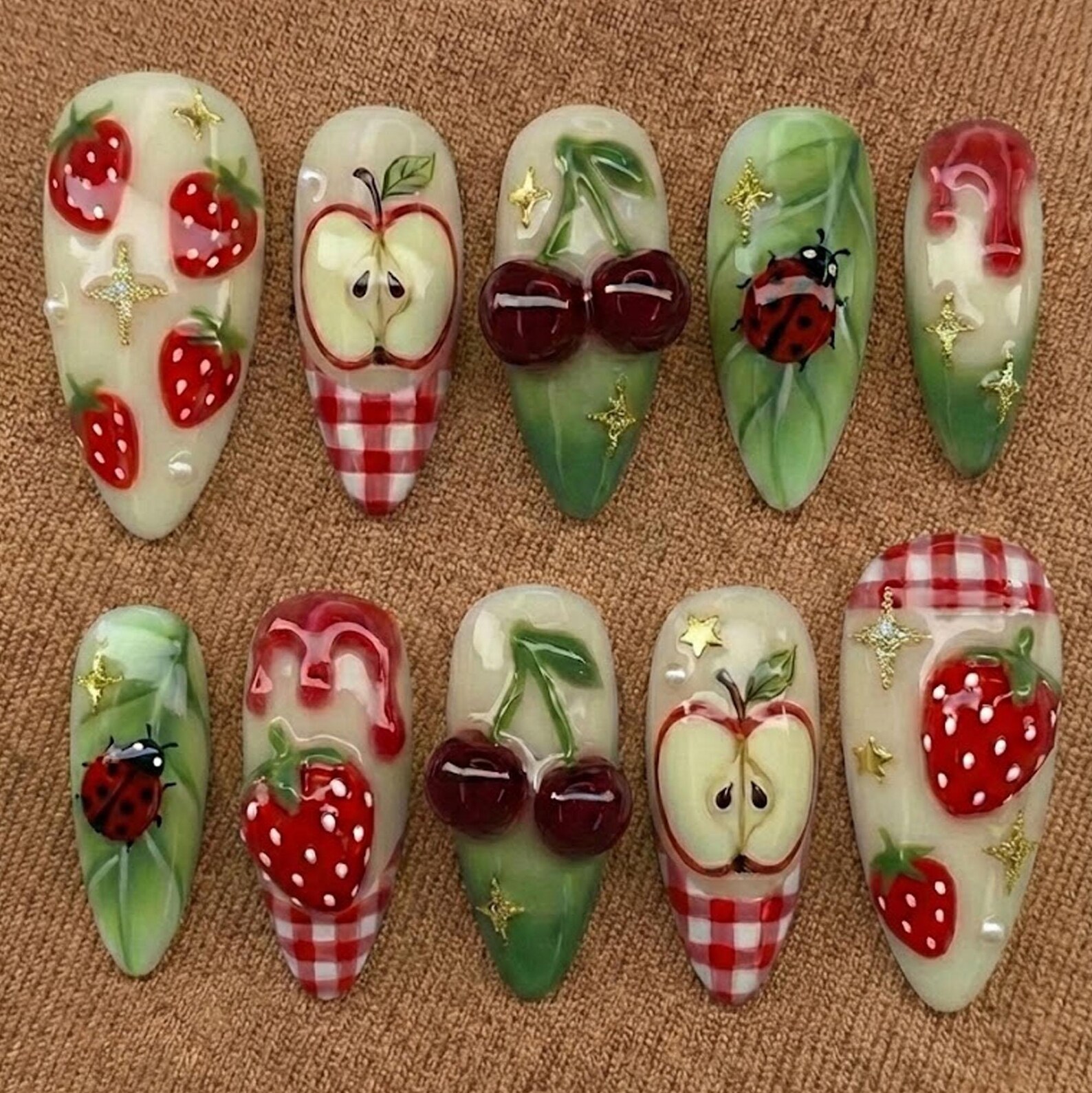 Cottagecore Fruit Press on Nails | Strawberry Apple Cherry Art ...