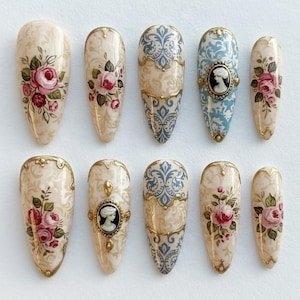 Victorian Press On Nails, Antique Rose Cameo Nail Design, Porcelain Vintage Nails, Handmade Luxury Set bild 1
