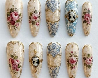 Victorian Press On Nails, Antique Rose Cameo Nail Design, Porcelain Vintage Nails, Handmade Luxury Set