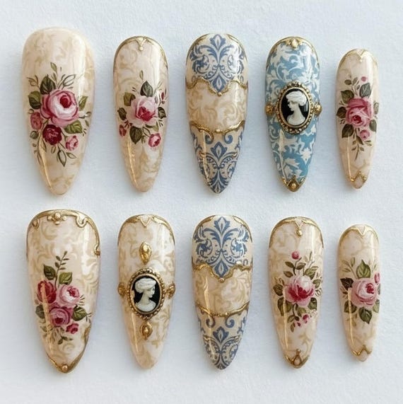 Victorian Press On Nails, Antique Rose Cameo Nail Design, Porcelain Vintage Nails, Handmade Luxury Set