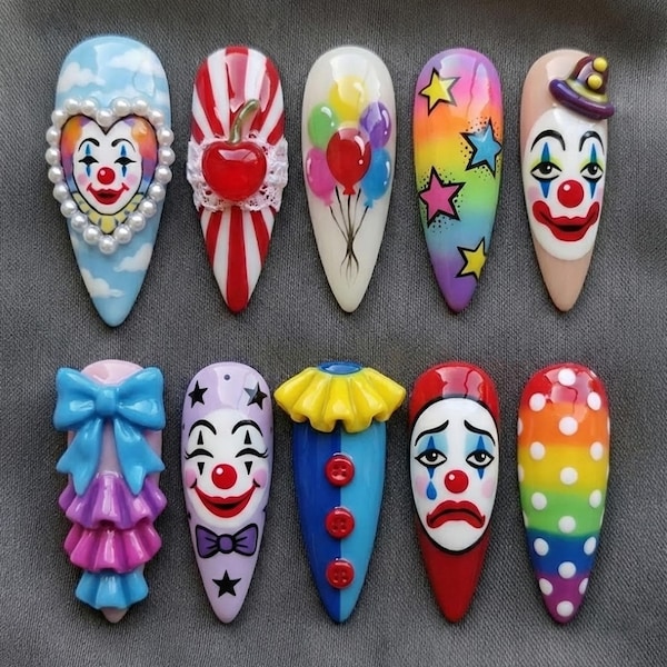 Handmade Clown Press On Nails | Colorful Circus Nails | Cosplay Statement Set