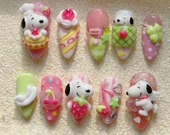 Snoopy Strawberry Press On Nails, Cute Dessert 3D Nail Art, Kawaii Pastel Nails Set