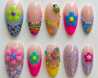 Handmade 3D Y2K Colorful Press On Nails, Cute Daisy Flower Bright Floral False Nails Playful Nail Art Set