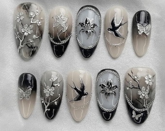 Handmade Gothic Floral Press On Nails | Swallows, Silver Blossoms & Gradient Art | Long Almond Nails For Elegant Dark Vibes