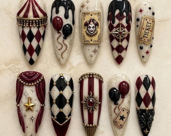 Vintage-Zirkus-Kunstnägel zum Aufkleben, Gothic-Halloween-Nägel, Harlekin-Karneval-Nagelkunst, burgunderrote und schwarze handbemalte künstliche Nägel, wiederverwendbare Nägel