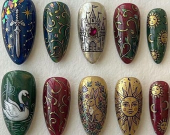 Fairytale Press On Nails, Medieval Castle Nails, Celestial Sun Moon Nails, Fantasy Handmade Fake Nails