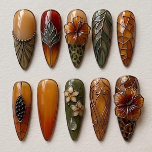 Amber Stained Glass Press On Nails, Autumn Floral Leaf Nails, Handmade 3D Flower Nails, Fall Aesthetic Almond Nails, Luxury Art Nails bild 1