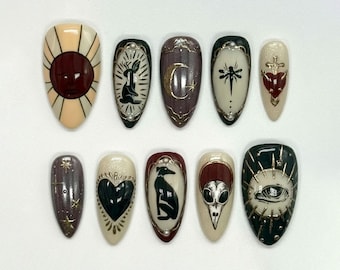 Handmade Gothic Witchy Press On Nails | Moon, Sun, Cat & Sacred Symbol Art | Almond Nails For Mystical Occult Vibe