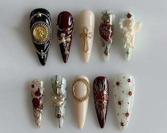 Gothic Angel Press On Nails: Gold Cross, Red Roses, Sacred Heart , Pearls, Baroque Luxury, Custom Hand-painted Long Stiletto Set