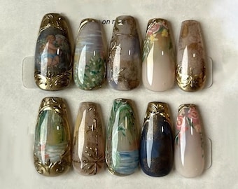 Handmade Antique Aesthetic Press On Nails | Vintage Paintings, Gold Details & Pastel Brush Textures | Almond Nails For Artistic Romantic