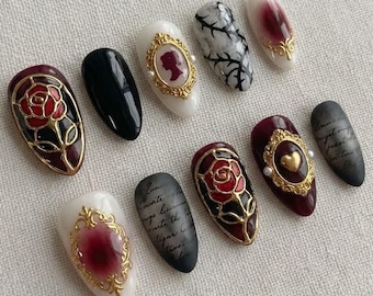 Gothic Floral and Cameo Press On Nails, Black and Burgundy Nail Art, Vintage Rose and Heart Design, Elegant Handmade Nails