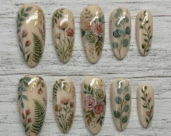 Handmade Botanical Press On Nails | Roses Eucalyptus Fern Gold Details | Long Oval Nails For Vintage Garden Vibes