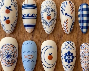 Mediterranean Blue Tile Press On Nails Coastal Ceramic Pattern Nails Fish Orange Motif Handmade Reusable Nail Set