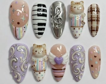 Uñas postizas de gato kawaii, uñas con música de piano en colores pastel, bonito set de decoración de uñas hecho a mano.