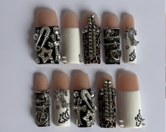 Handmade Punk Rock Press On Nails | Studs, Cross Charms & Leopard Black-White Mix | Long Square Nails For Edgy Rebel Vibes