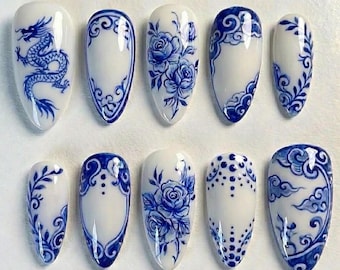 Handmade Blue Porcelain Press On Nails | Chinese Dragon Rose Ceramic Design | Long Almond Elegant Nails
