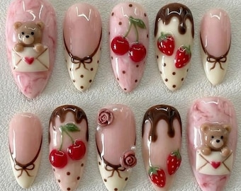 Cute Bear Strawberry Cherry Press On Nails, Pink Chocolate Drip Handmade Nails