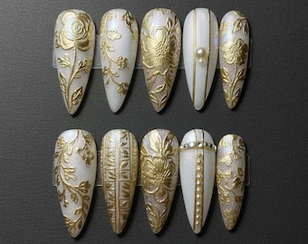 Handmade Gold Floral Press On Nails | 3D Embossed Flowers & Pearls | Long Almond Nails For Elegant Vibes