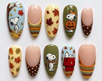 Handmade Fall Aesthetic Press On Nails, Cute Cartoon Puppy Pumpkin Autumn Leaves False Nails Art