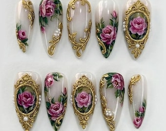 Handmade Vintage Rose Press On Nails | 3D Baroque Frame & Floral Painting Art | Ivory Gold Luxury Almond Nail Set