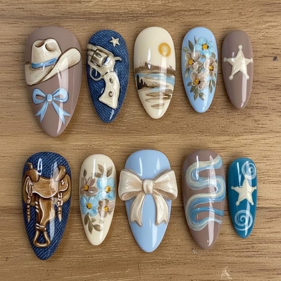 Handmade Western Press On Nails | Cowgirl Denim Blue Nail Art | Long Oval Vintage Nails