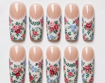Handmade Rose French Tip Press On Nails | Delicate Botanical Lace Design | Vintage Coquette Nail Set