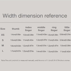 May include: A chart titled "Width dimension reference" with measurements in both centimeters and inches. The chart lists finger widths for sizes XS, S, M, and L, including thumb, index, middle, ring, and little finger measurements.