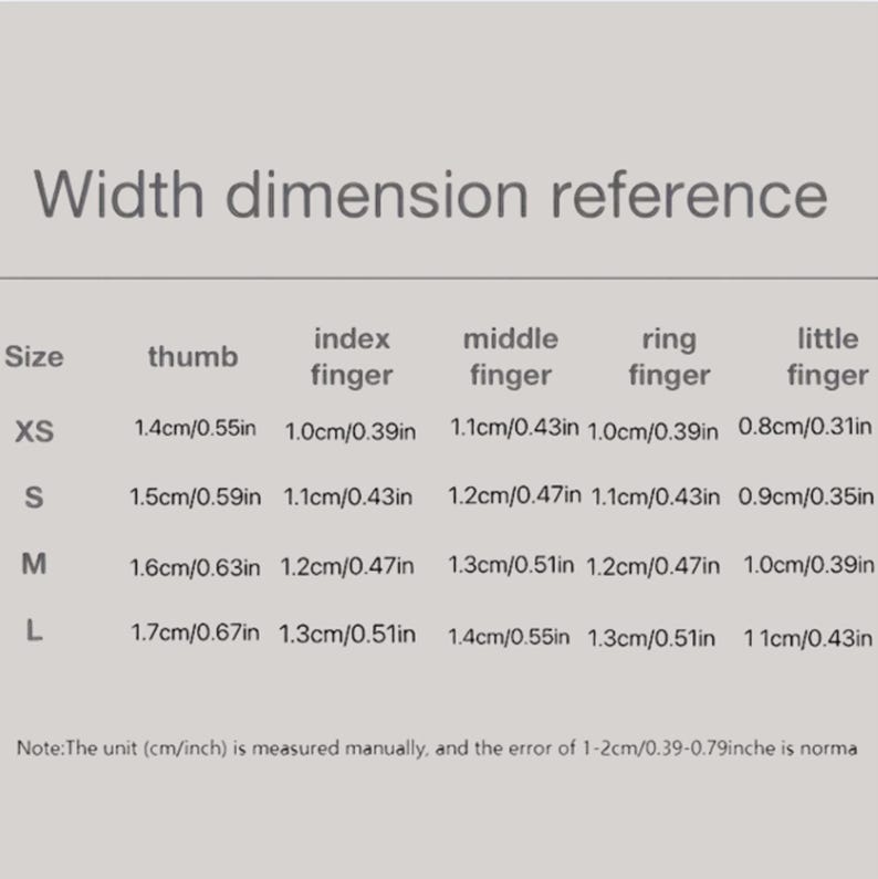 May include: A chart titled "Width dimension reference" with measurements in both centimeters and inches. The chart lists finger widths for sizes XS, S, M, and L, including thumb, index, middle, ring, and little finger measurements.