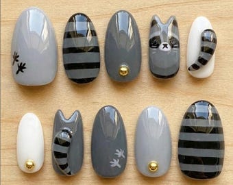 Cute Animal Press On Nails: Gray Raccoon Cat Design, Minimalist Black White Nail Art, Handmade Neutral Press On Nails