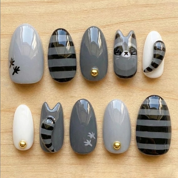 Cute Animal Press On Nails: Gray Raccoon Cat Design, Minimalist Black White Nail Art, Handmade Neutral Press On Nails