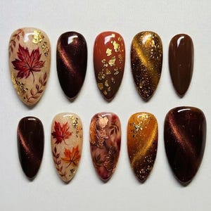 Handmade Fall Cat Eye Press On Nails, Maple Leaf Gold Foil False Nails Rustic Cottagecore Nail Art