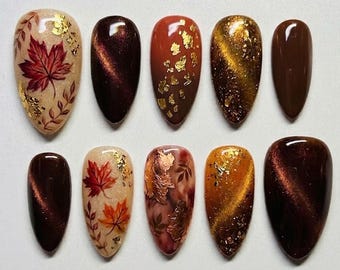 Handmade Fall Cat Eye Press On Nails, Maple Leaf Gold Foil False Nails Rustic Cottagecore Nail Art