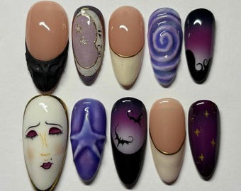 Handmade Spooky Gothic Press On Nails, Ombre Purple Black Night Sky, Moon, Stars & Bats Art, Halloween Acrylic Nail Set