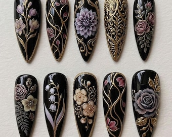 Gothic Floral Press On Nails, Hand Painted Rose Nails, Luxury Black Gold Nails, Handmade Fake Nails, Vintage Glam Nails