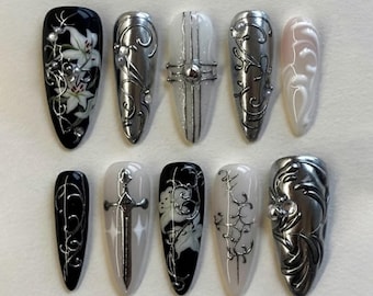 Handmade Gothic Silver Engraved Press On Nails with Cross, Sword Art and Metallic Florals