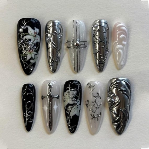 Handmade Gothic Silver Engraved Press On Nails with Cross, Sword Art and Metallic Florals